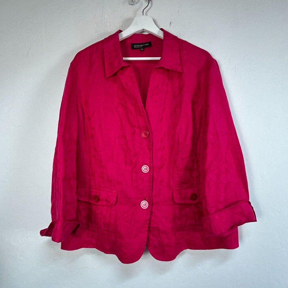 Jones New York Collection Women Linen Blazer Jacket Hot Pink Size 16 Lightweight